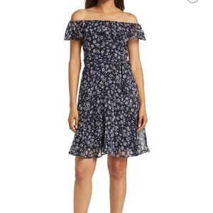 DKNY Ditsy Bandana Flounce Off Shoulder Dress Size 16